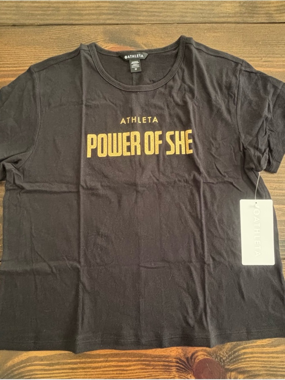Athleta Black Tee with Gold Glitter 'POWER OF SHE' Graphic